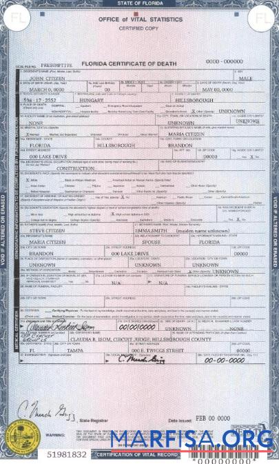 Downloadable USA state Florida death certificate template in PSD format